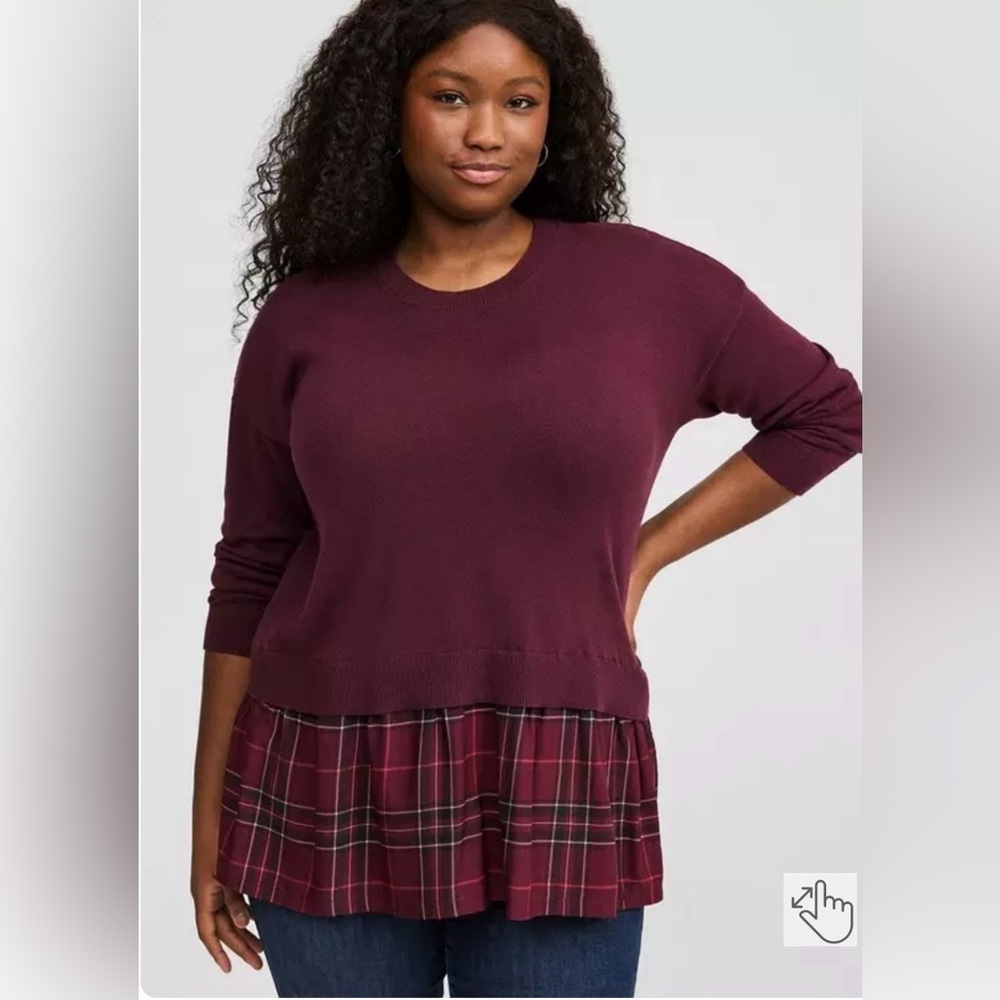 Torrid preppy cozy chic plus size burgundy sweater with plaid ruffle hem NWT 4X